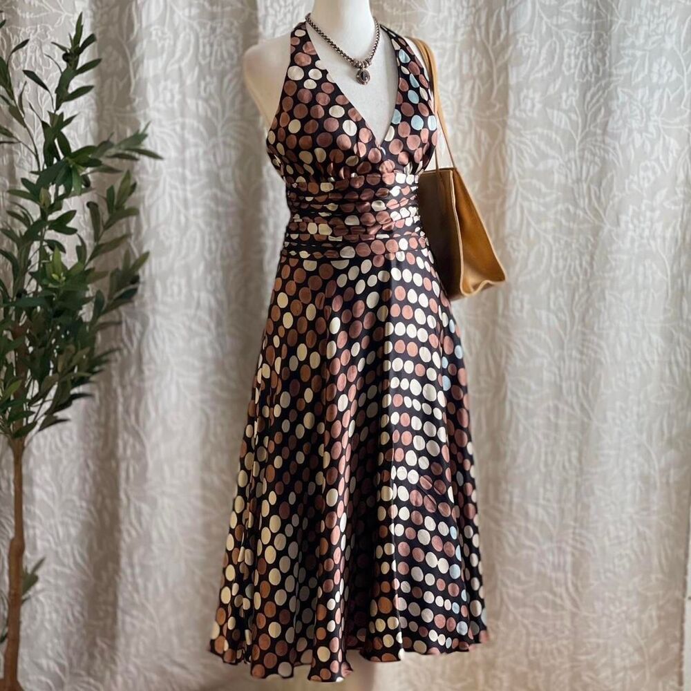 Vintage Y2K Monsoon 100% Silk Polka Dot Halter Midi‎ Dress Size UK 10 / US 6
